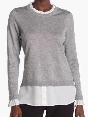 Adrianna Papell Gray Layered-Look Sweater with White Shirt Detail
